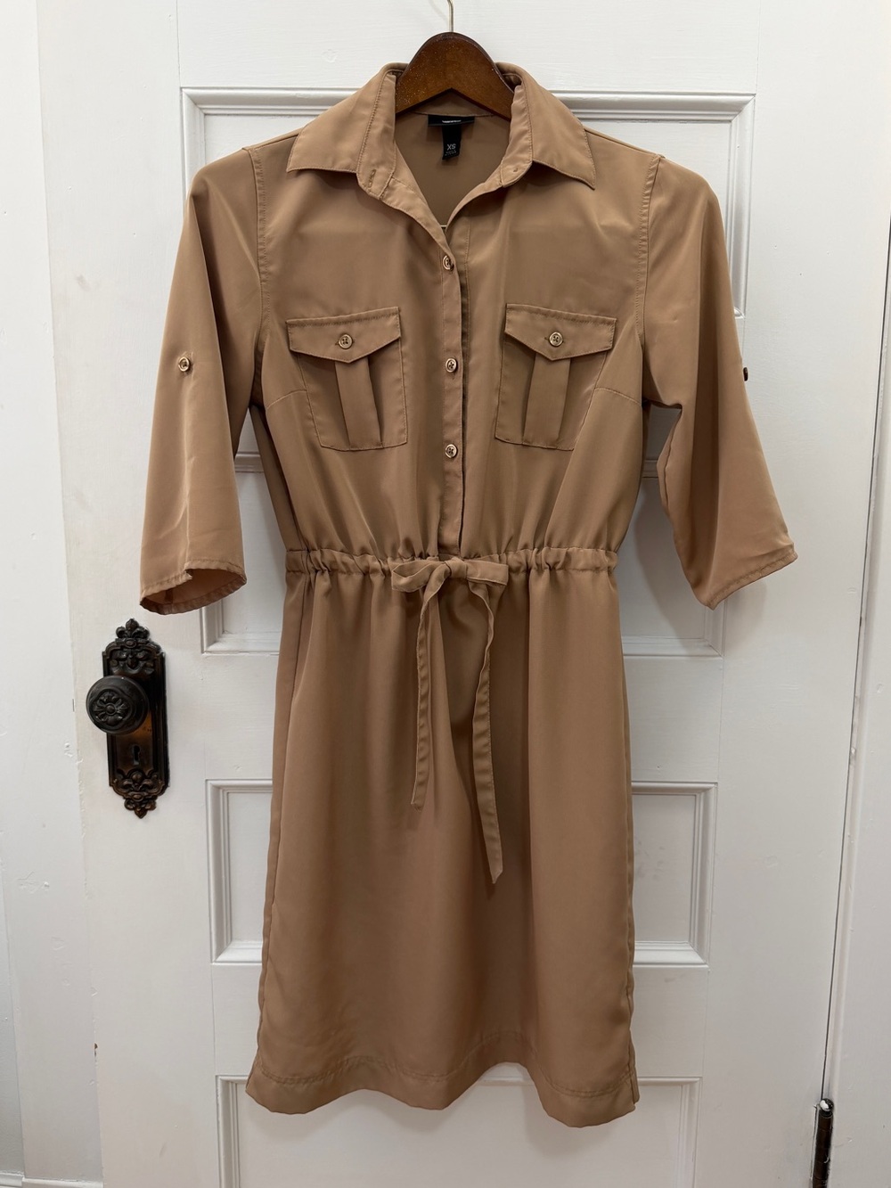 Mossimo Tan Utility Shirt Dress Roll-Up 1/2 Sleeves Collared Drawstring Small
